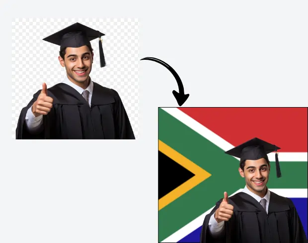 AI video editor showing woman with ready-to-use southafrica flag background adding templates for office, classroom, and home—no green screen needed.