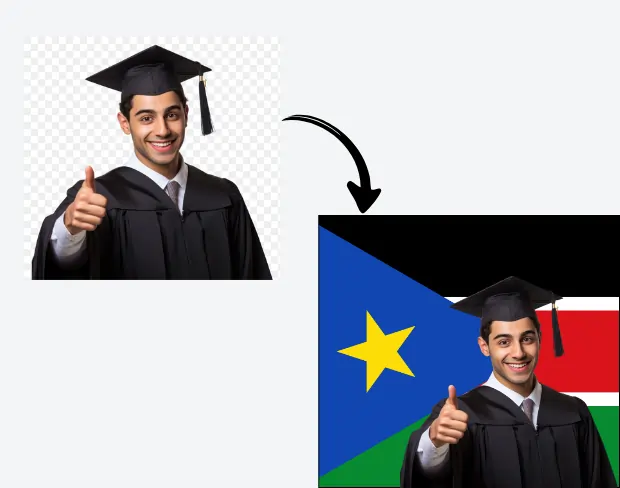 AI video editor showing woman with ready-to-use southsudan flag background adding templates for office, classroom, and home—no green screen needed.