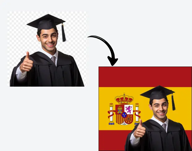 AI video editor showing woman with ready-to-use spain flag background adding templates for office, classroom, and home—no green screen needed.