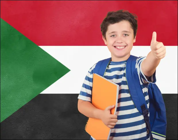 AI video editor showing woman with ready-to-use sudan flag background adding templates for office, classroom, and home—no green screen needed.