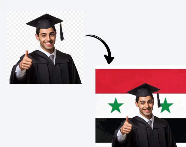 AI video editor showing woman with ready-to-use syria flag background adding templates for office, classroom, and home—no green screen needed.