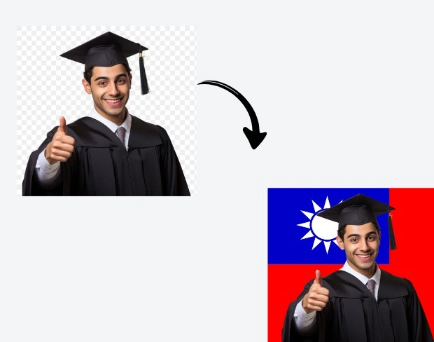 AI video editor showing woman with ready-to-use taiwan flag background adding templates for office, classroom, and home—no green screen needed.