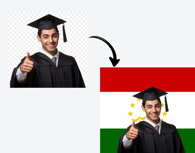 AI video editor showing woman with ready-to-use tajikistan flag background adding templates for office, classroom, and home—no green screen needed.