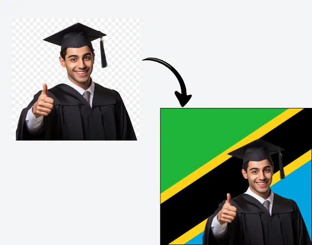AI video editor showing woman with ready-to-use tanzania flag background adding templates for office, classroom, and home—no green screen needed.