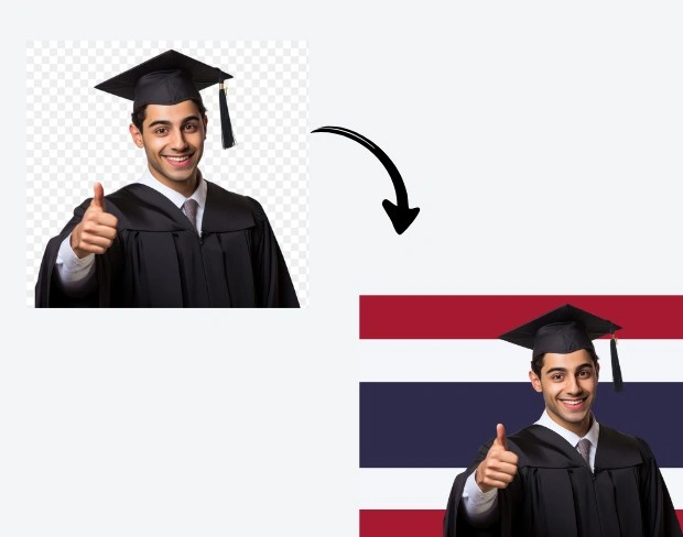 AI video editor showing woman with ready-to-use thailand flag background adding templates for office, classroom, and home—no green screen needed.