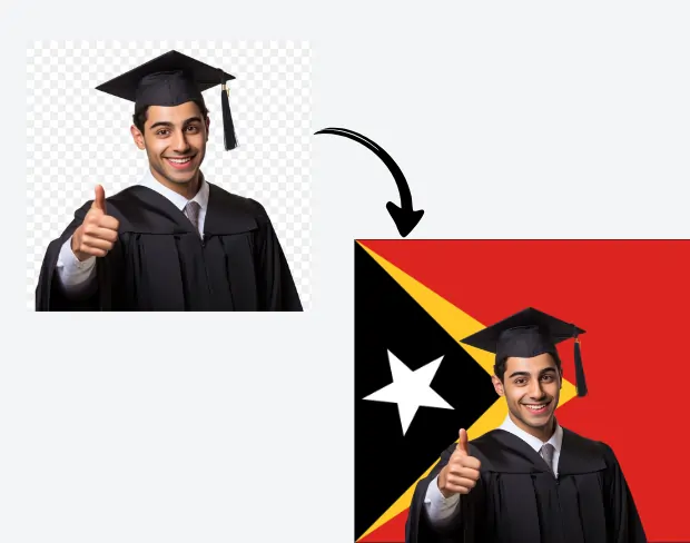AI video editor showing woman with ready-to-use timorleste flag background adding templates for office, classroom, and home—no green screen needed.