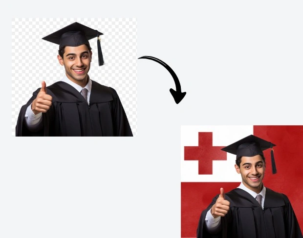 AI video editor showing woman with ready-to-use tonga flag background adding templates for office, classroom, and home—no green screen needed.