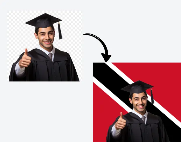 AI video editor showing woman with ready-to-use trinidadandtobago flag background adding templates for office, classroom, and home—no green screen needed.