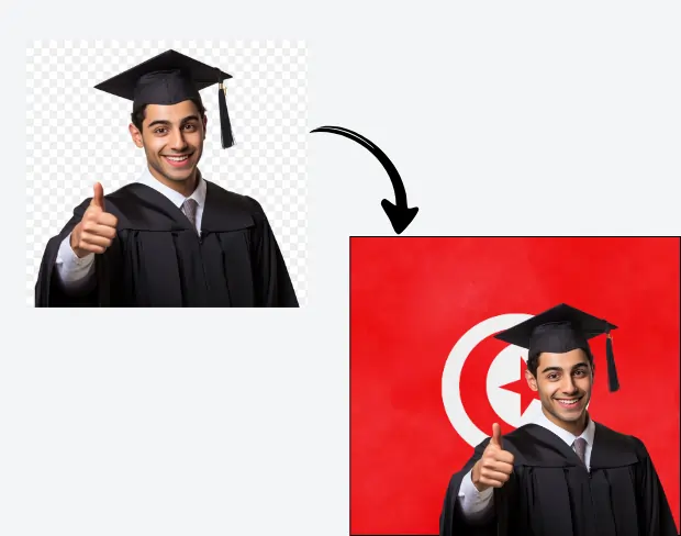 AI video editor showing woman with ready-to-use tunisia flag background adding templates for office, classroom, and home—no green screen needed.