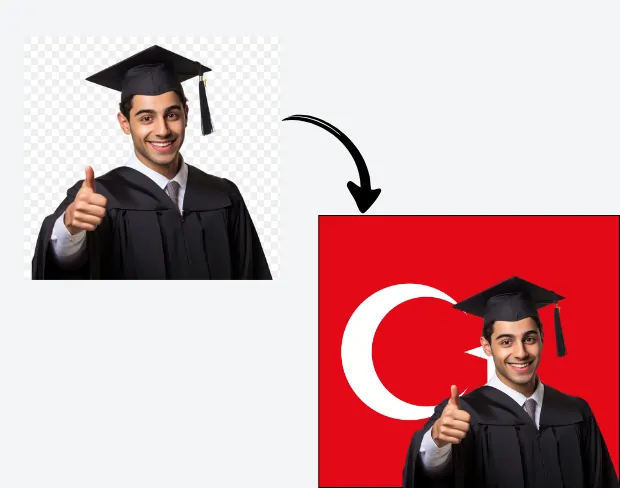 AI video editor showing woman with ready-to-use turkey flag background adding templates for office, classroom, and home—no green screen needed.