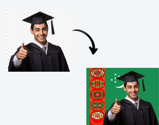 AI video editor showing woman with ready-to-use turkmenistan flag background adding templates for office, classroom, and home—no green screen needed.