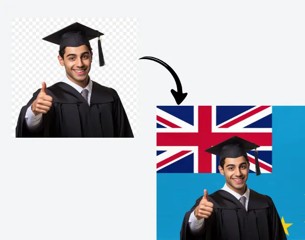 AI video editor showing woman with ready-to-use tuvalu flag background adding templates for office, classroom, and home—no green screen needed.