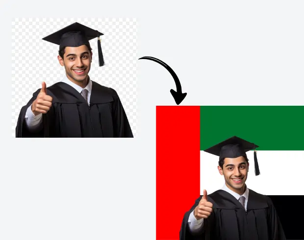 AI video editor showing woman with ready-to-use uae flag background adding templates for office, classroom, and home—no green screen needed.