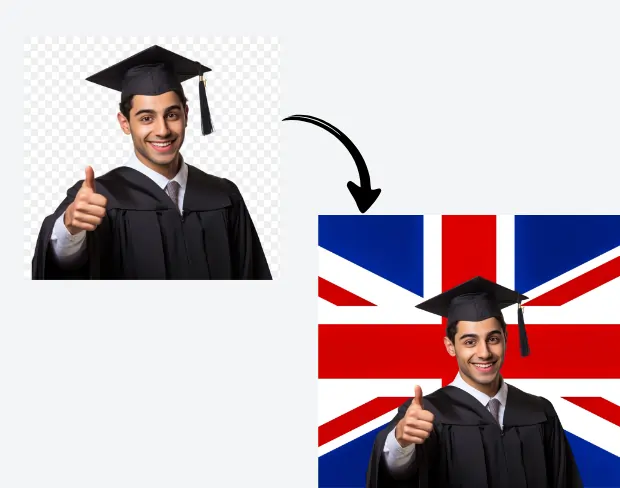 AI video editor showing woman with ready-to-use uk flag background adding templates for office, classroom, and home—no green screen needed.