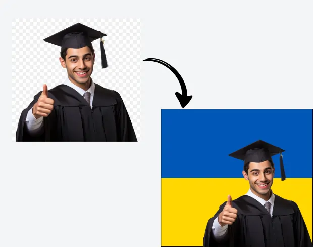 AI video editor showing woman with ready-to-use ukraine flag background adding templates for office, classroom, and home—no green screen needed.