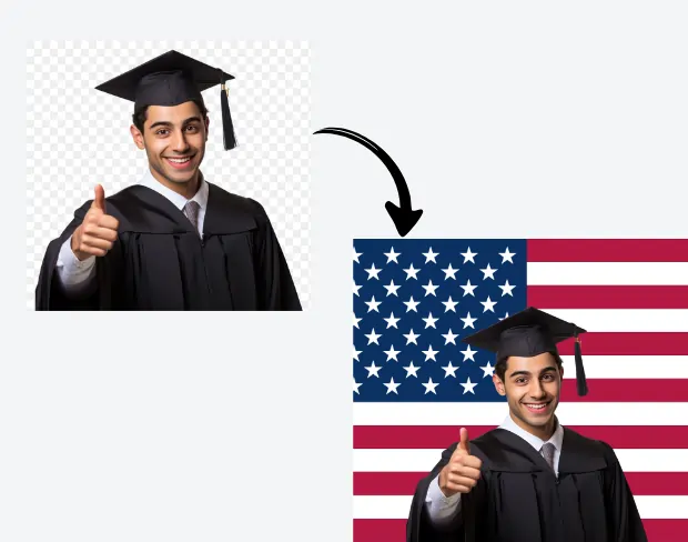 AI video editor showing woman with ready-to-use usa flag background adding templates for office, classroom, and home—no green screen needed.