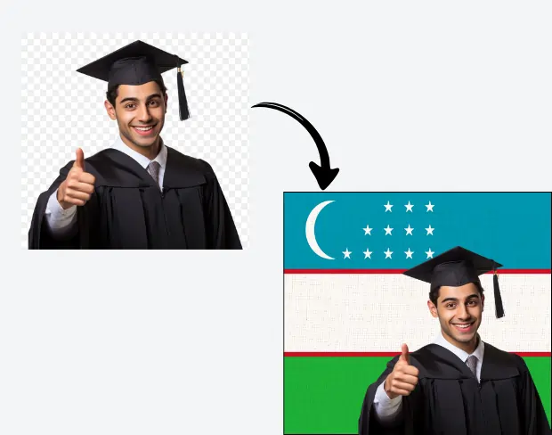 AI video editor showing woman with ready-to-use uzbekistan flag background adding templates for office, classroom, and home—no green screen needed.
