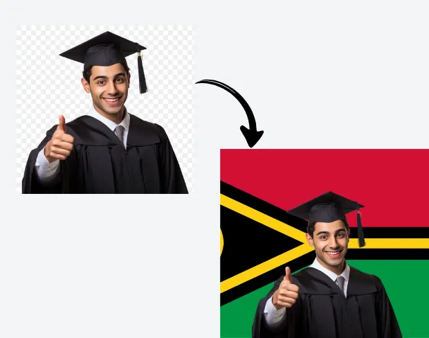 AI video editor showing woman with ready-to-use vanuatu flag background adding templates for office, classroom, and home—no green screen needed.