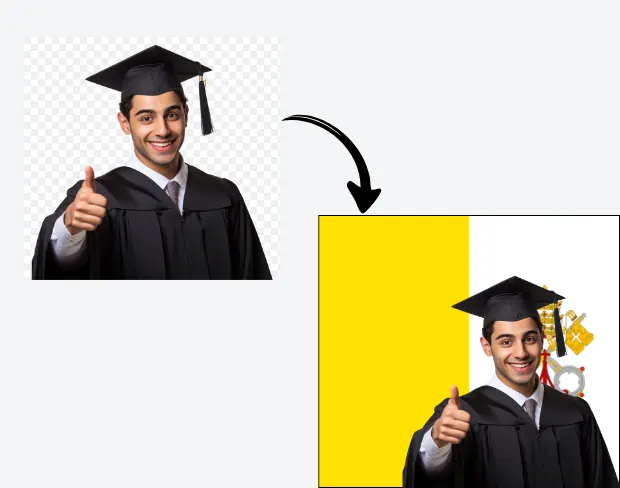 AI video editor showing woman with ready-to-use vaticancity flag background adding templates for office, classroom, and home—no green screen needed.