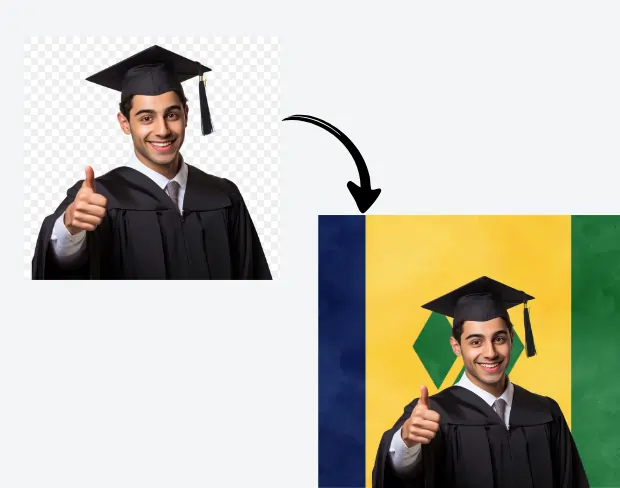 AI video editor showing woman with ready-to-use saintvincent flag background adding templates for office, classroom, and home—no green screen needed.