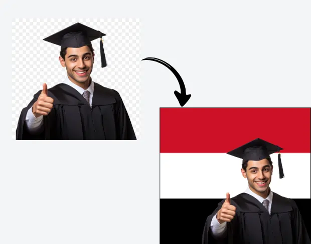 AI video editor showing woman with ready-to-use yemen flag background adding templates for office, classroom, and home—no green screen needed.