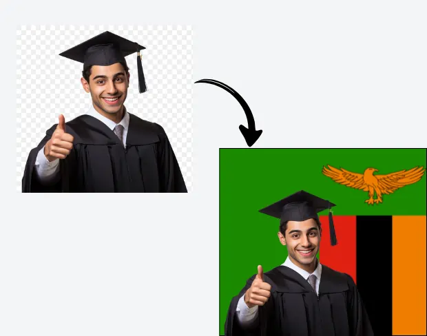 AI video editor showing woman with ready-to-use zambia flag background adding templates for office, classroom, and home—no green screen needed.