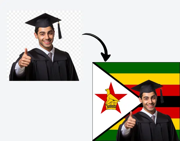 AI video editor showing woman with ready-to-use zimbabwe flag background adding templates for office, classroom, and home—no green screen needed.